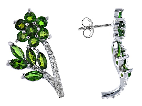 2.99ctw Chrome Diopside and 0.56ctw White Zircon Rhodium Over Sterling Silver Flower Earrings.