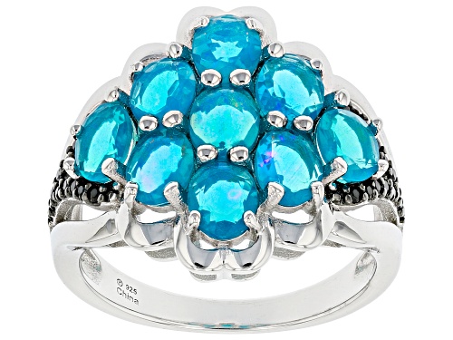 1.00ctw Paraiba Blue Color Opal and 0.08ctw Black Spinel Rhodium Over Sterling Silver Ring. - Size 7