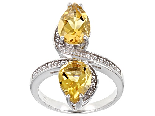 Photo of 2.75ctw Pear Shaped Brazilian Citrine Rhodium Over Sterling Silver Bypass Ring. - Size 7