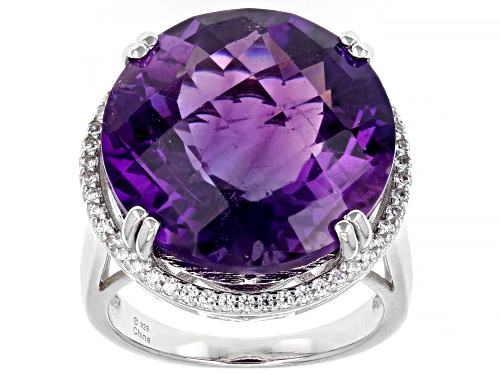 17.50ct Round African Amethyst and 0.25ctw Round White Zircon Rhodium Over Sterling Silver Ring - Size 8