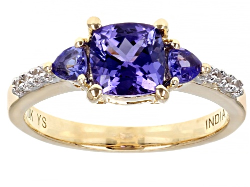 Photo of 1.40ctw Mixed Shapes Tanzanite With 0.09ctw White Zircon 10k Yellow Gold Ring - Size 7