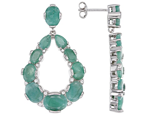 12.00ctw Emerald With 0.15ctw White Zircon Rhodium Over Sterling Silver Earrings.