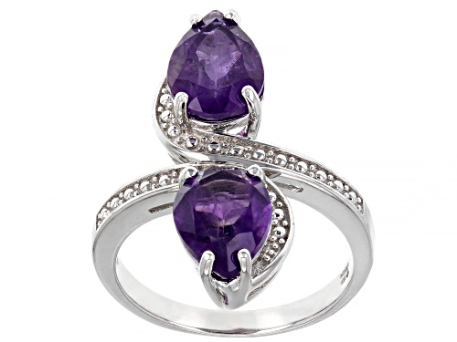 2.50ctw Pear shaped African Amethyst Rhodium Over Sterling Silver Bypass Ring - Size 8