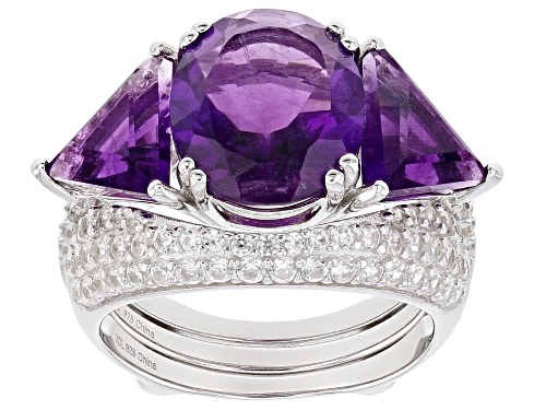 7.00ctw Amethyst with 1.00ctw Round White Zircon Rhodium Over Sterling Silver Ring With Guard - Size 10