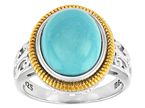 Photo of 12x10mm Oval Cabochon Blue Turquoise Rhodium & 18K Yellow Gold Over Silver Two-Tone Solitaire Ring - Size 8