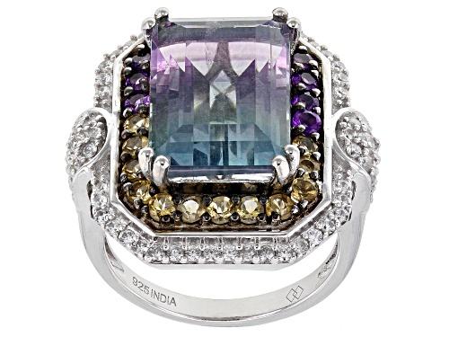 Photo of 9.65ct Bi-Color Fluorite With 1.46ctw Round Multi-Gem Rhodium Over Sterling Silver Ring - Size 7