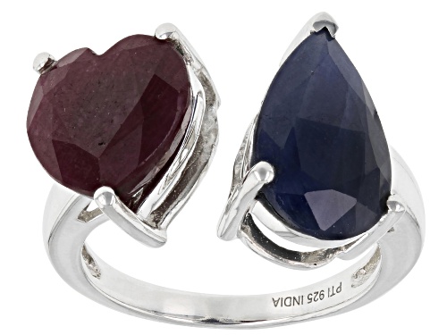Photo of 2.00ct Heart Shaped Ruby with 3.25ct Pear Shaped Blue Sapphire Sterling Silver Ring - Size 7