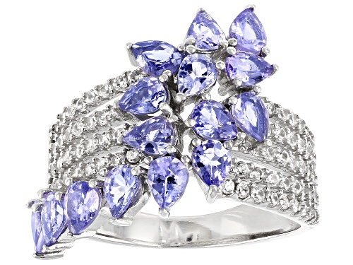 Photo of 1.91ctw Pear shape Tanzanite With 0.70ctw White Zircon Rhodium Over Sterling Silver Ring - Size 7