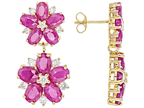 15.00ctw Oval Ruby With 0.50ctw White Zircon 14k Yellow Gold Over Sterling Silver Earrings