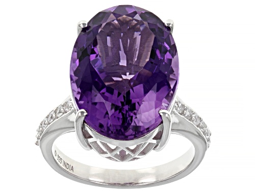 Photo of 11.20ct Oval Amethyst With 0.26ctw Round White Zircon Rhodium Over Silver Ring - Size 8