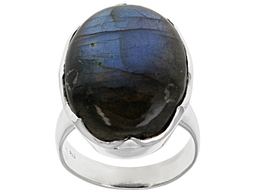 Photo of 25x18mm Oval Cabochon Labradorite Sterling Silver Solitaire Ring - Size 7