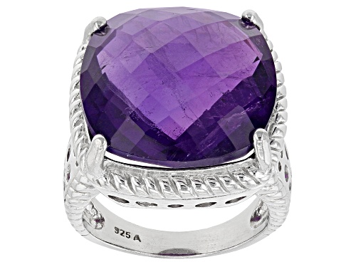 18.00ct Square Cushion African Amethyst Rhodium Over Sterling Silver Solitaire Ring - Size 7