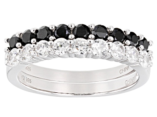 0.90ctw Round Black Spinel With 0.70ctw Round White Zircon Rhodium Over Sterling Silver Band Rings - Size 7