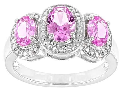 Photo of 1.80ctw Lab Created Pink Sapphire With 0.01ctw Diamond Accent Rhodium Over Silver 3-Stone Ring - Size 10