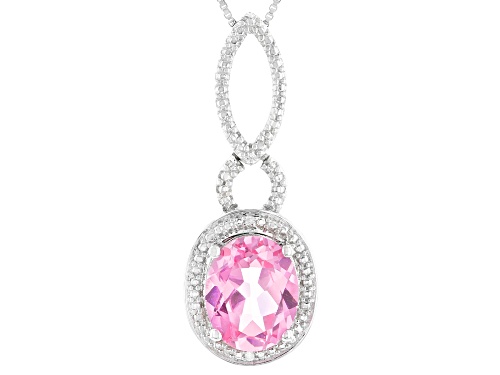 3.00ct Oval Lab Created Pink Sapphire With 0.01ctw Diamond Accent Rhodium Over Silver Pendant Chain