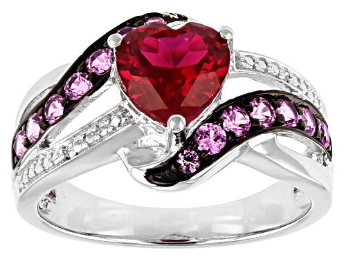 Photo of 1.60ct Lab Created Ruby, 0.60ctw Lab Sapphire And 0.01ctw Diamond Accent Rhodium Over Silver Ring - Size 6