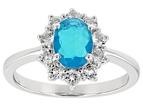 0.55ct Oval Paraiba Blue Color Opal With 0.50ctw Round White Topaz Rhodium Over Sterling Silver Ring - Size 9