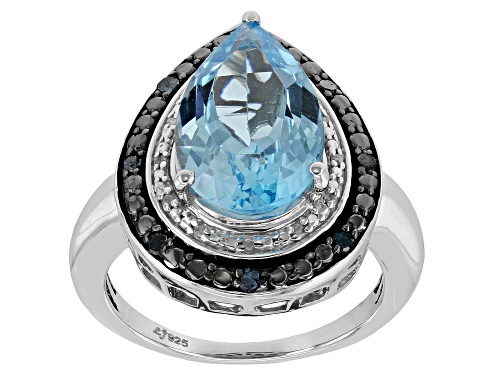 4.50ct Pear Shaped Glacier Topaz™ With 0.15ctw Blue And White Diamond Rhodium Over Silver Ring - Size 8