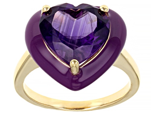 4.00ct Heart Shaped African Amethyst With Purple Enamel 14k Yellow Gold Over Sterling Silver Ring - Size 7