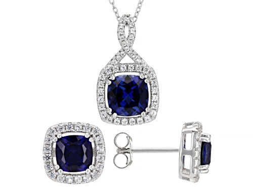 5.20ctw Lab Blue & 0.85ctw Lab White Sapphire Rhodium Over Silver Pendant And Earrings Set