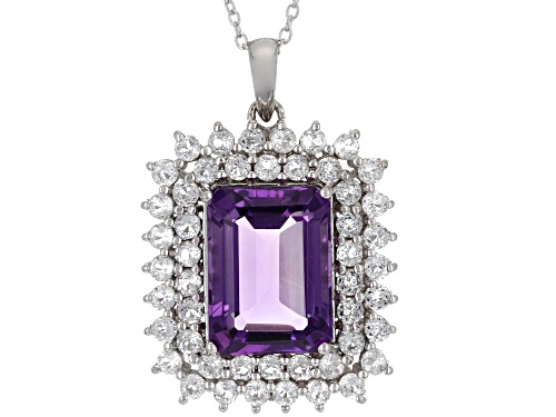 Photo of 11.00ct Rectangular Octagonal Amethyst With 2.70ctw White Topaz Rhodium Over Silver Pendant Chain