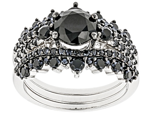 3.03ctw Round Black Spinel Rhodium Over Sterling Silver Ring Set - Size 6