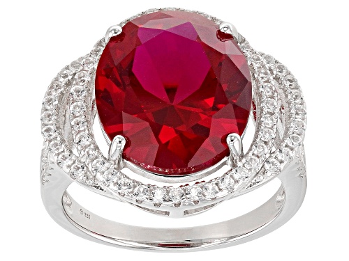 Photo of 7.00ct Lab Created Ruby With 0.55ctw Lab Created Sapphire Rhodium Over Sterling Silver Ring - Size 7