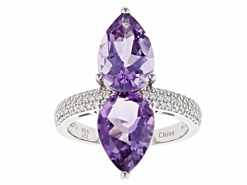 Photo of 5.26ctw Pear Amethyst With 0.46ctw White Zircon Rhodium Over Sterling Silver Ring - Size 8