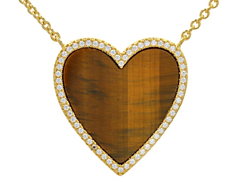 Photo of 20mm Tigers Eye And 0.50ctw White Zircon 18k Yellow Gold Over Sterling Silver Heart Necklace - Size 16