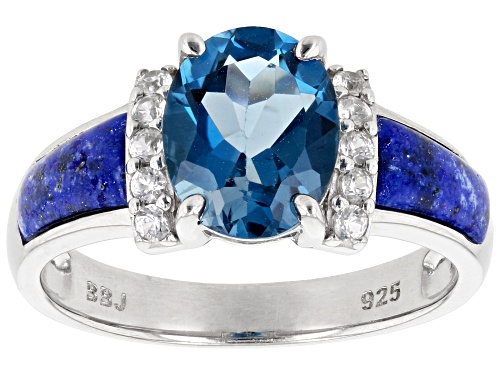 2.12ct London Blue Topaz, Free-form Lapis Lazuli & 0.08ctw White Zircon Rhodium Over Silver Ring - Size 10