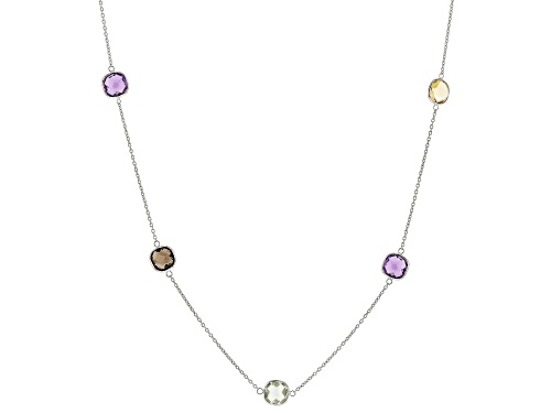27.00ctw Multi-Color Multi-Gemstone Rhodium Over Sterling Silver Station Necklace - Size 36