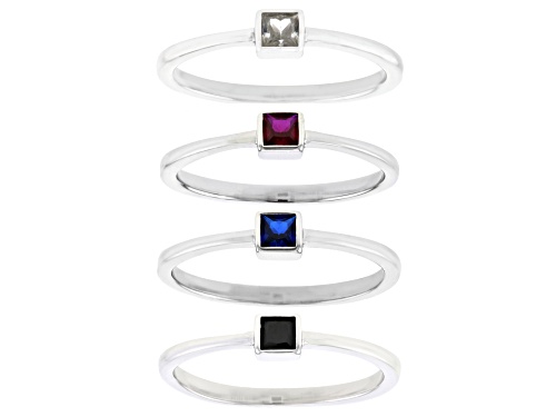 0.76ctw White Zircon, Black Spinel, Lab Ruby & Lab Blue Spinel Rhodium Over Silver Ring Set - Size 8