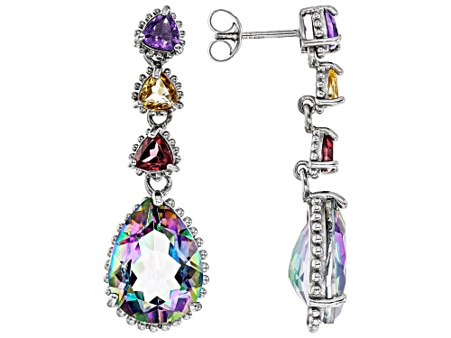 5.81ctw Amethyst With Citrine, Vermelho Garnet™, Multi-Color Quartz Rhodium Over Silver Earrings