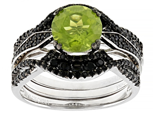 1.80ct Manchurian Peridot™ With 2.07ctw Black Spinel Rhodium Over Sterling Silver Ring Set - Size 7