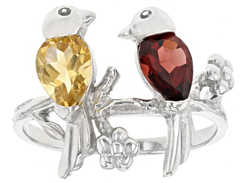 0.45ct Pear Citrine And 0.45ct Pear Garnet Rhodium Over Sterling Silver "Love Birds" Ring - Size 7