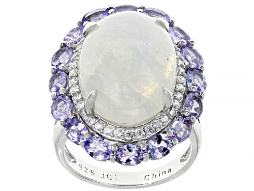Photo of 18x13mm Rainbow Moonstone With 4.03ctw Tanzanite And White Zircon Rhodium Over Sterling Silver Ring - Size 8