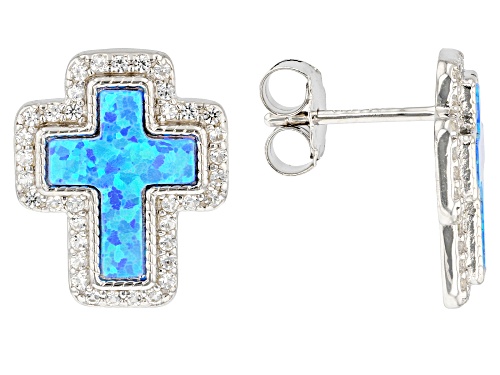 Lab Blue Opal And 0.67ctw Lab Created White Sapphire Rhodium Over Sterling Silver Cross Earrings