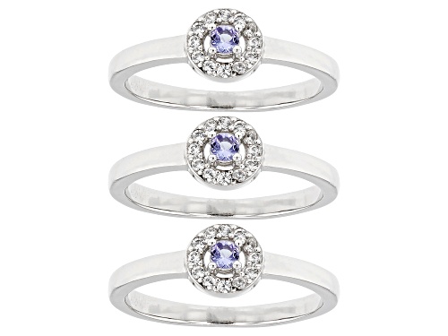 Photo of 0.60ctw Round Tanzanite With Round White Zircon Rhodium Over Sterling Silver Ring Set of 3 - Size 9