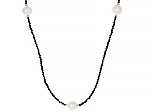2mm Round Black Spinel With 10mm Round Cultured Pearl Rhodium Over Sterling Silver Station Necklace - Size 36