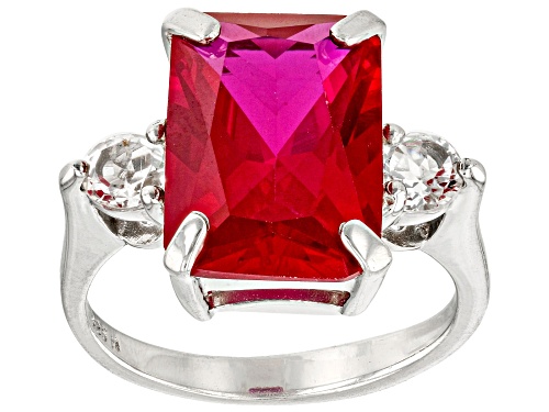 6.30ct Lab Created Ruby With 0.42ctw White Topaz Rhodium Over Sterling Silver Ring - Size 8