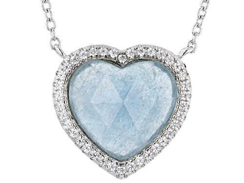 Photo of 12mm Heart Shape Dreamy Aquamarine With 0.13ctw White Zircon Platinum Over Sterling Silver Necklace - Size 16