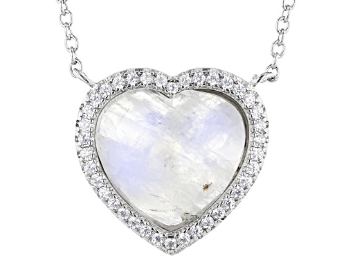 12mm Heart Shape Rainbow Moonstone With 0.13ctw White Zircon Platinum Over Sterling Silver Necklace - Size 16