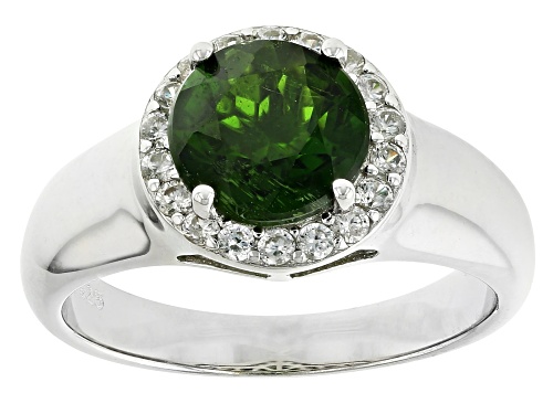 1.82ct Round Green Chrome Diopside with 0.37ctw White Zircon Rhodium Over Sterling Silver Ring - Size 7