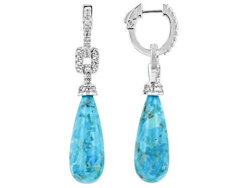 25x10mm Blue Turquoise With 1.68ctw White Zircon Rhodium Over Sterling Silver Earrings
