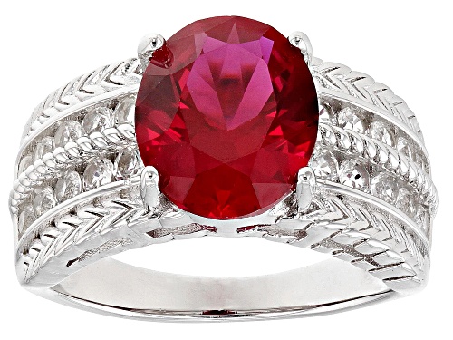 3.75ctw Lab Created Ruby with 0.60ctw Lab White Sapphire Rhodium Over Sterling Silver Ring - Size 6