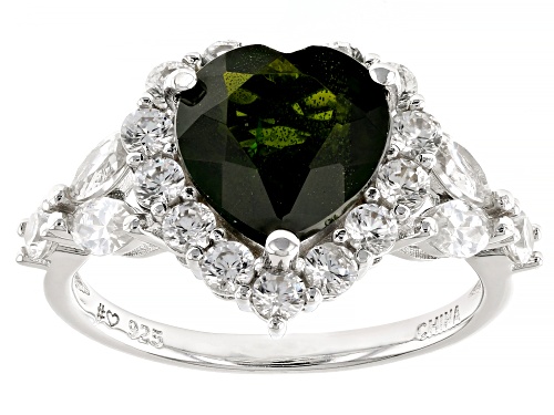 2.40ct Chrome Diopside with 1.70ctw White Zircon Rhodium Over Sterling Silver Heart Ring - Size 10