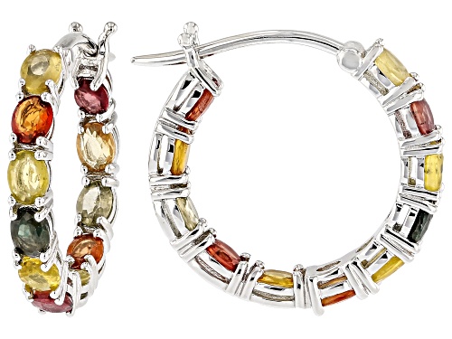 4.00ctw Multi-Sapphire with Green Mahaleo(R) Sapphire Rhodium Over Sterling Silver Hoop Earrings