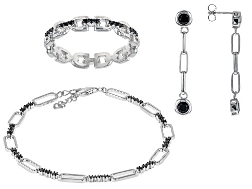 3.11ctw Black Spinel Rhodium Over Sterling Silver Earrings, Bracelet, and Ring Set