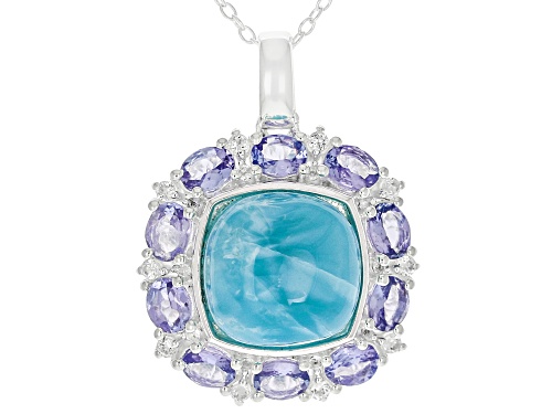 11mm Larimar with 1.63ctw Tanzanite with White Topaz Rhodium Over Sterling Silver Pendant with Chain