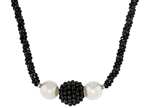 50.00ctw Black Spinel with 10mm Cultured Freshwater Pearl Rhodium Over Sterling Silver Necklace - Size 18